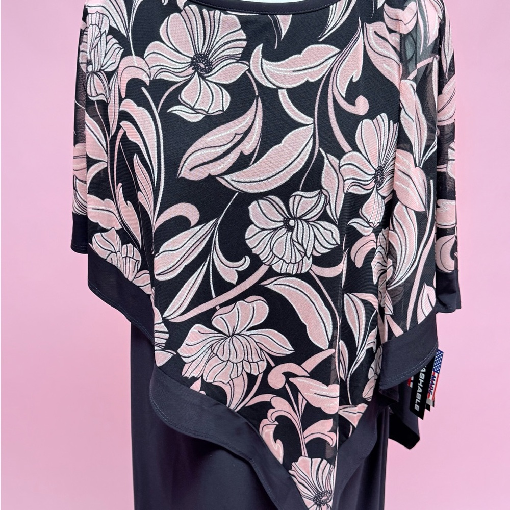 R&M Richards Asymmetrical Black Dress with Pink Floral Design - Picture 3 of 8